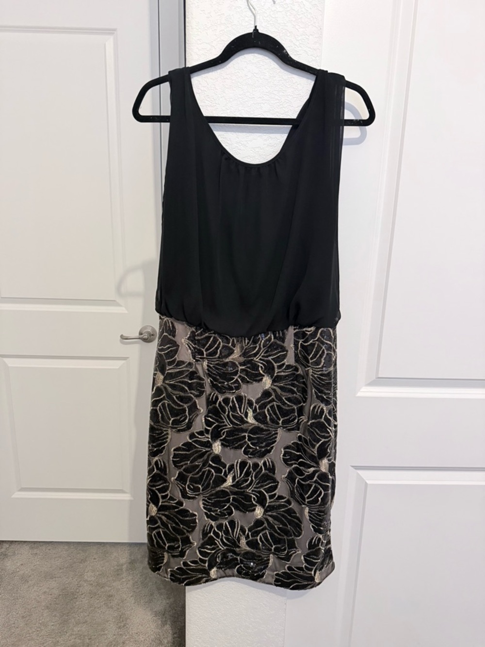 Calvin Klein Black Top with Taupe Floral Sequin Skirt Mini Dress